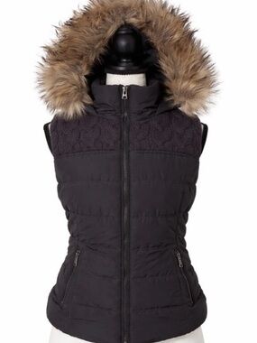 Aéropostale Vest Faux Fur Hood Y2K Puffer Cable Knit Panel Brown Size Small Cozy